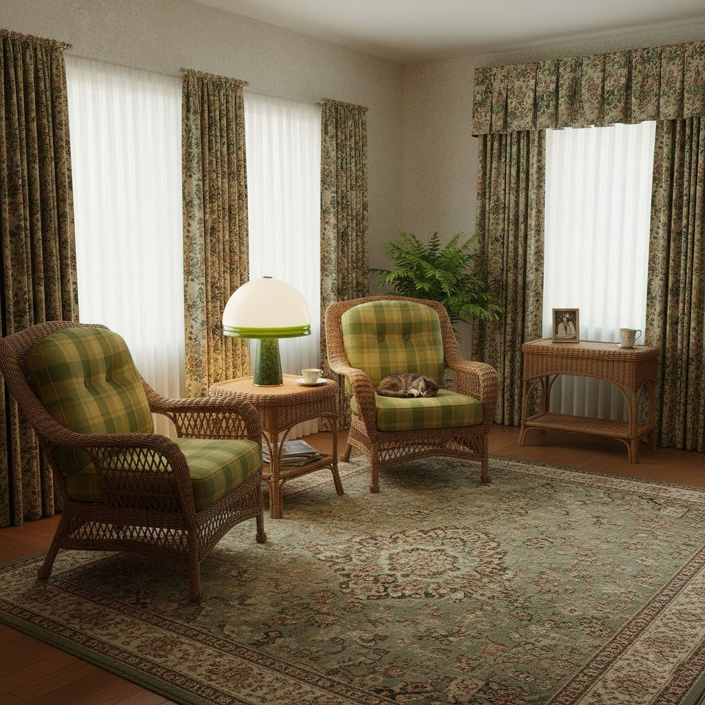 In a cosy sitting room, the Clérachic dome table lamp glows on a side table flanked by two wicker armchairs with plaid cushions.