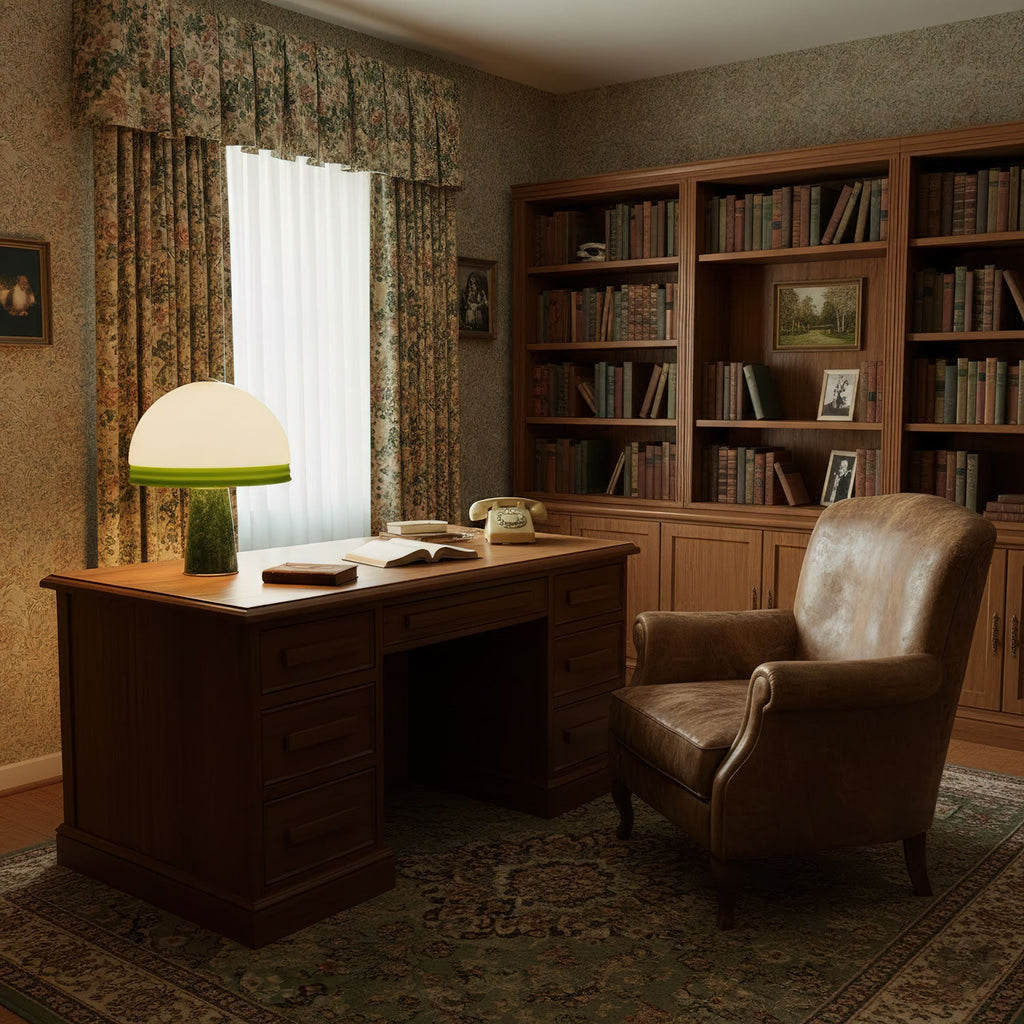 Clérachic dome table lamp lit on a wood desk in a book-lined study, beside a leather armchair and floral curtains.