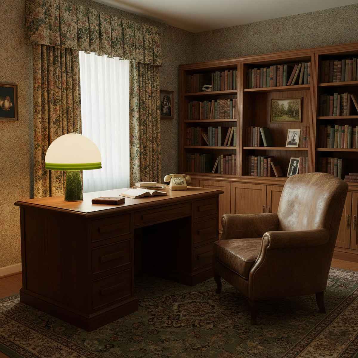 Clérachic dome table lamp lit on a wood desk in a book-lined study, beside a leather armchair and floral curtains.