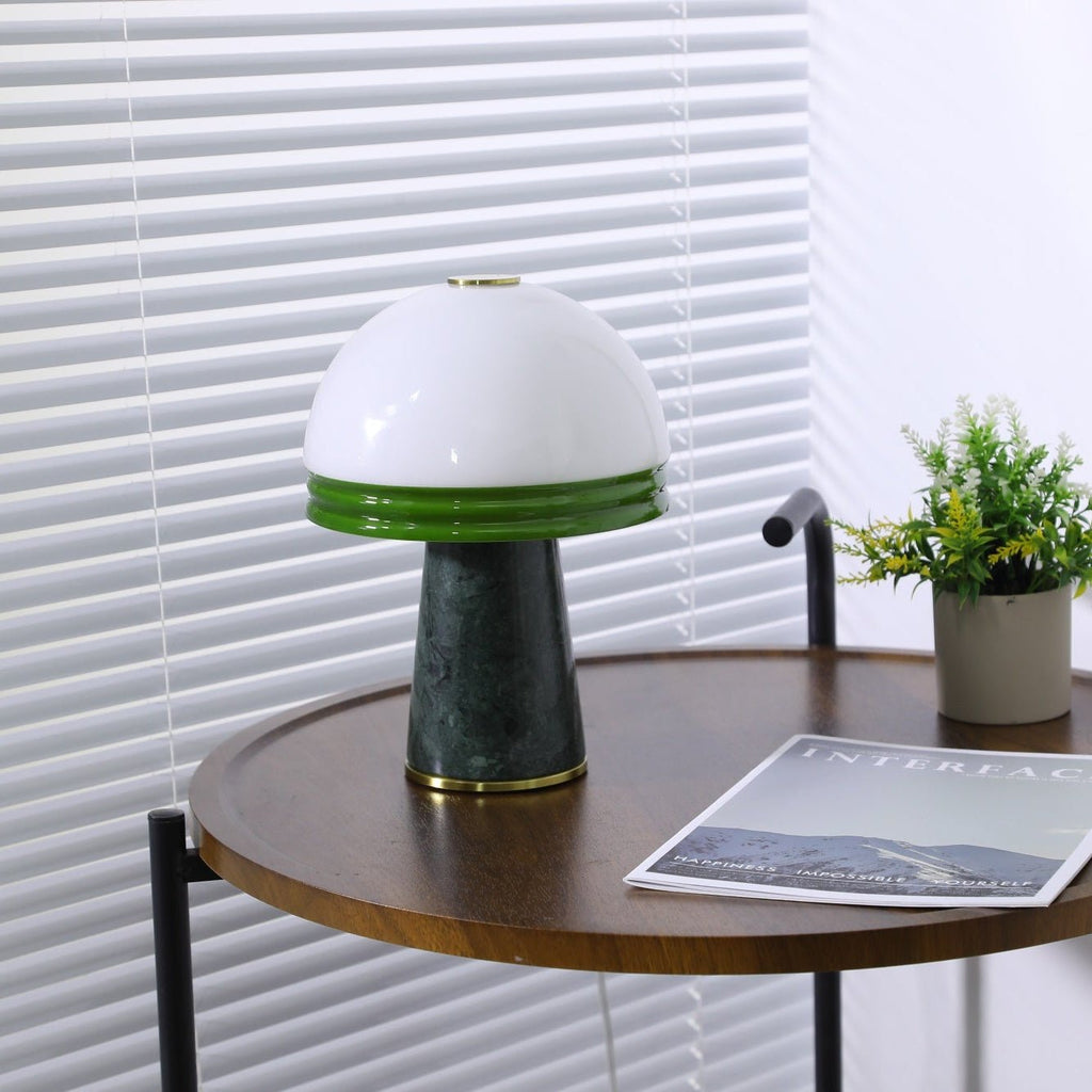 A similar angle shows the Clérachic dome lamp lit beside the plant, more of the magazine now in frame.