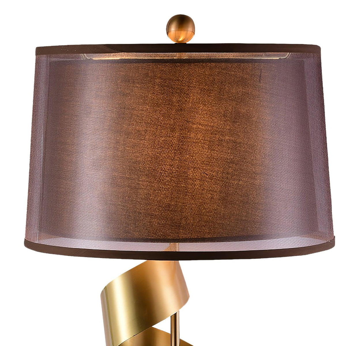 Close-up beneath the Clérachic lamp's brown drum shade, showing the gold spiral neck and finial ball at its base.