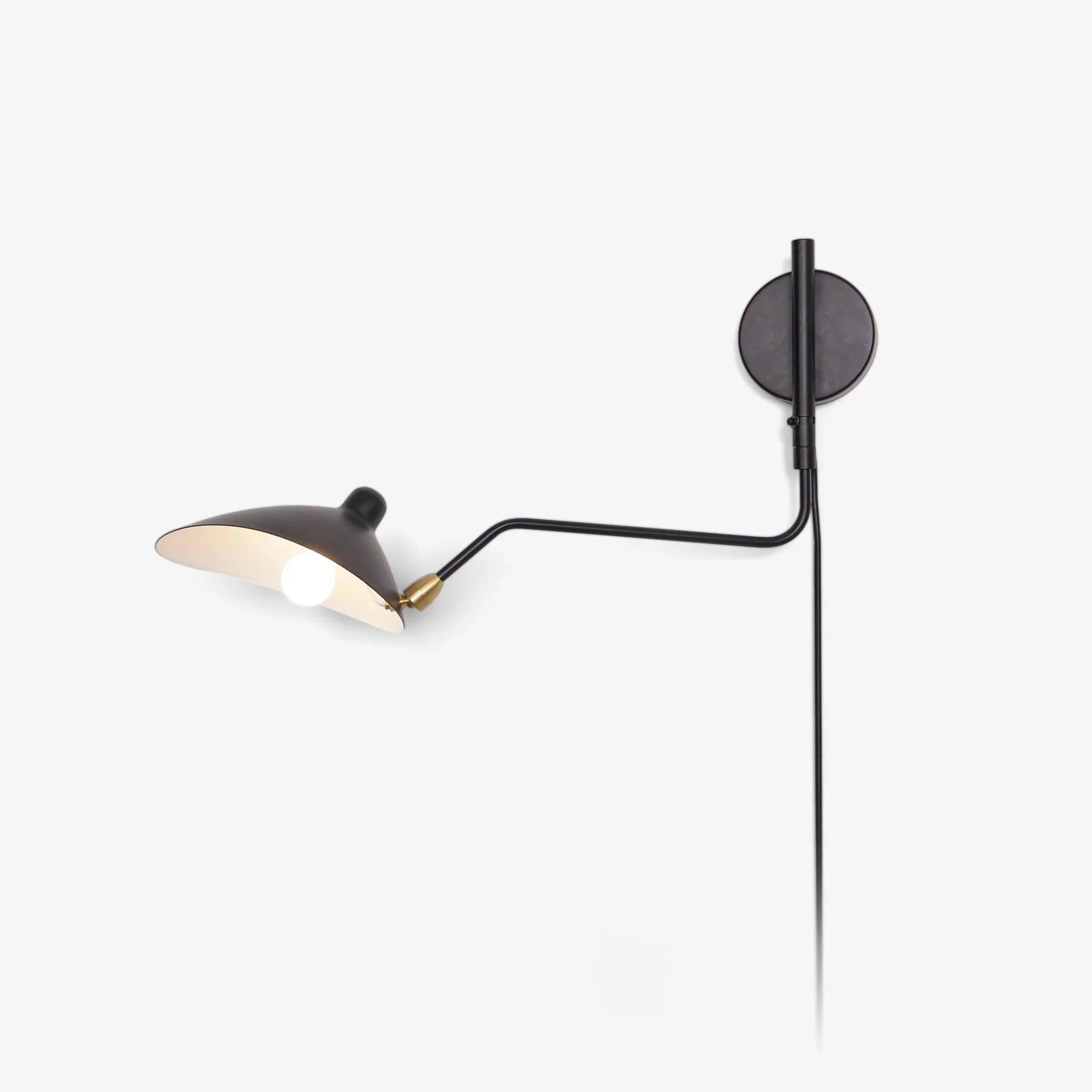 Versatile arm wall sconce shown straight on, arm fully extended
