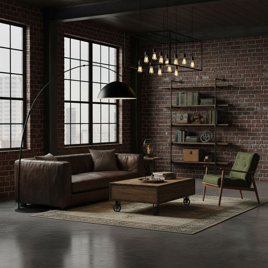 Verse arc floor lamp lit warmly in an evening interior