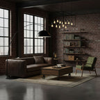 Verse arc floor lamp lit warmly in an evening interior