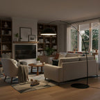 Verse arc floor lamp from a low angle highlighting the tapered stem