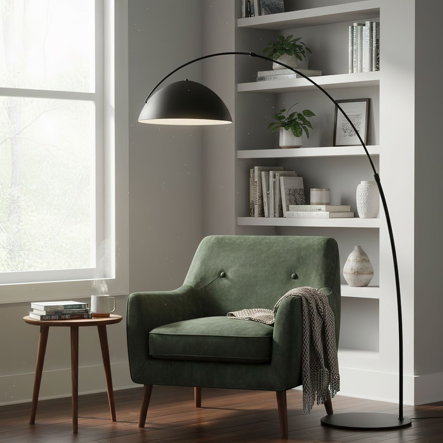 Verse arc floor lamp beside a bed in a soft-lit bedroom