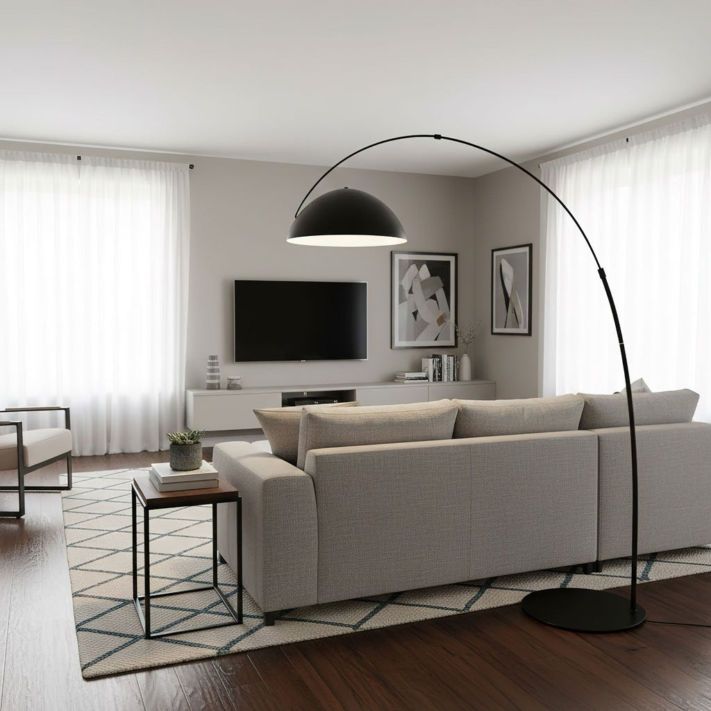 Verse arc floor lamp full view showing the arcing stem and shade