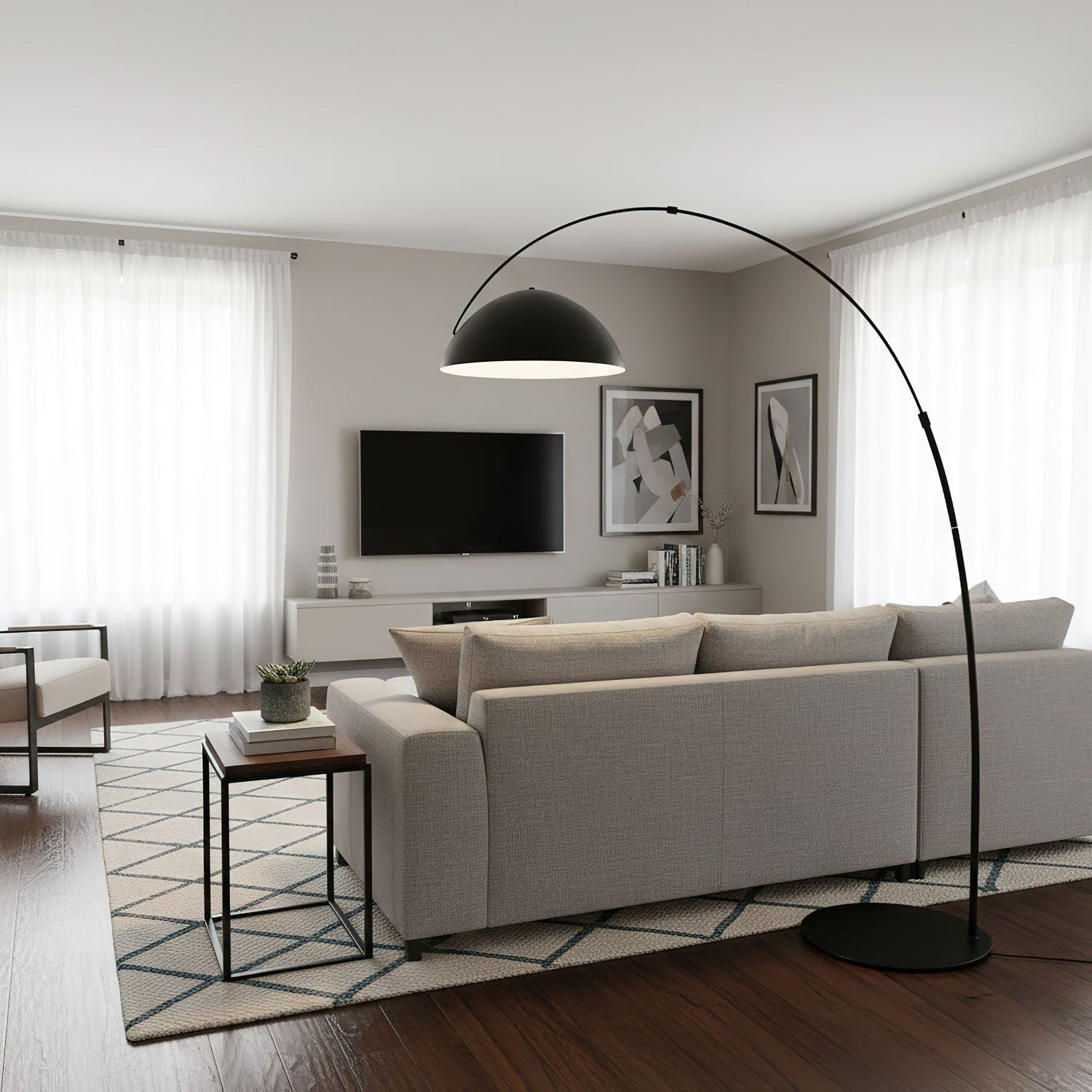Verse arc floor lamp full view showing the arcing stem and shade