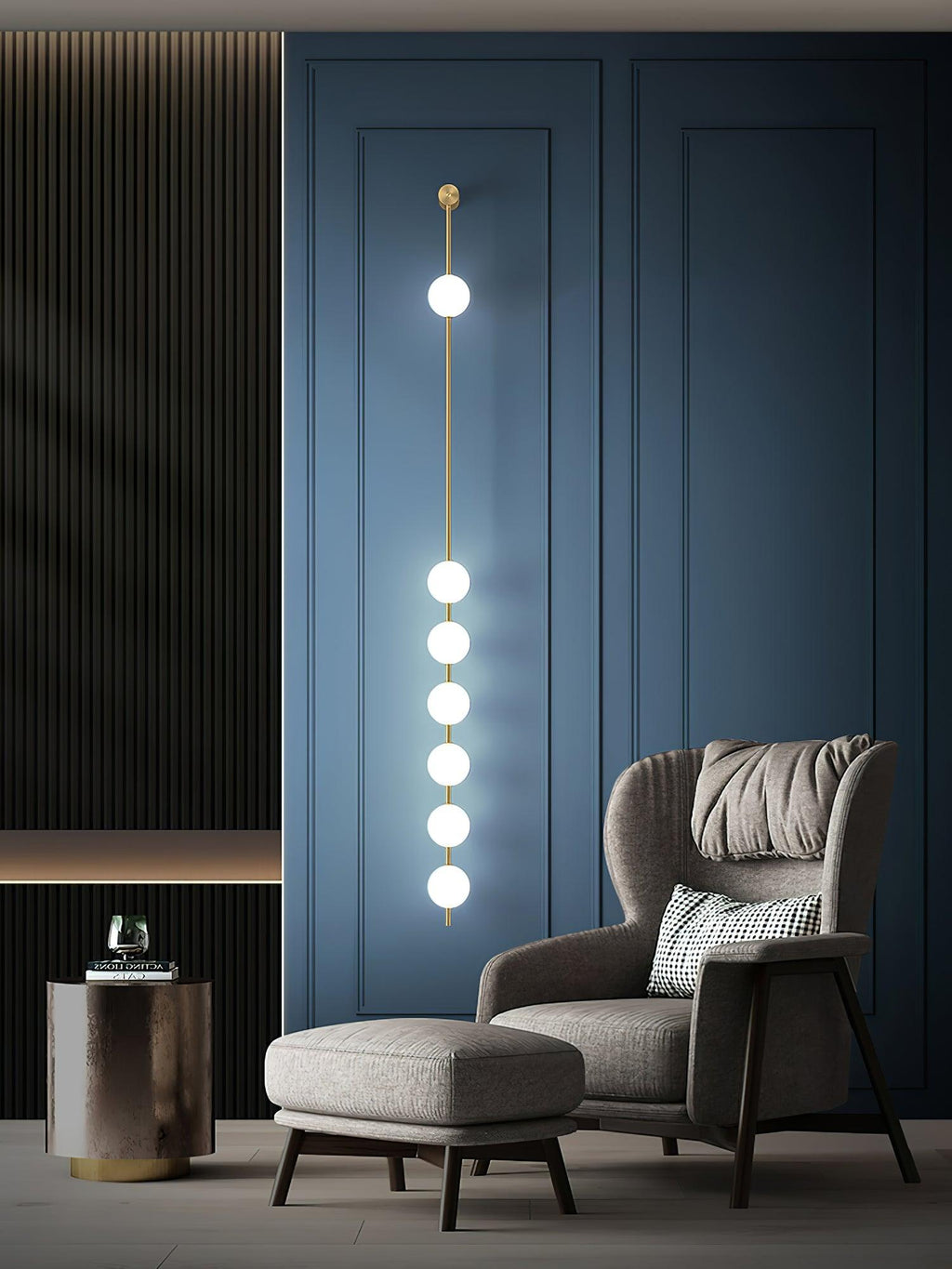 Wall lamp with stacked glowing balls shown in an interior setting