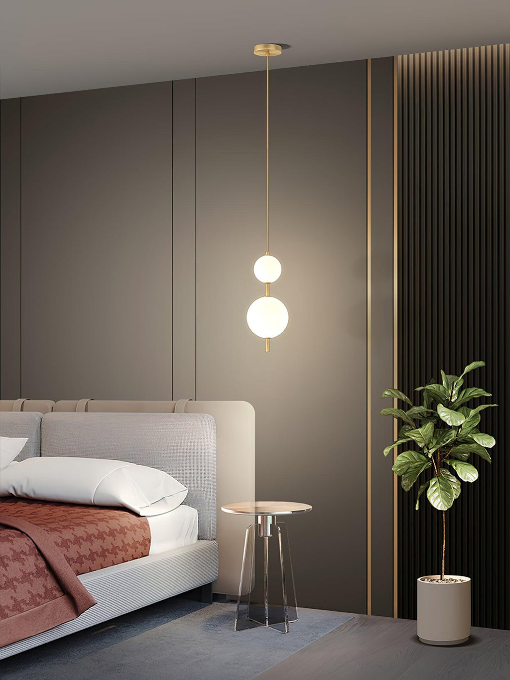 Glass globe pendant light reflecting warm light