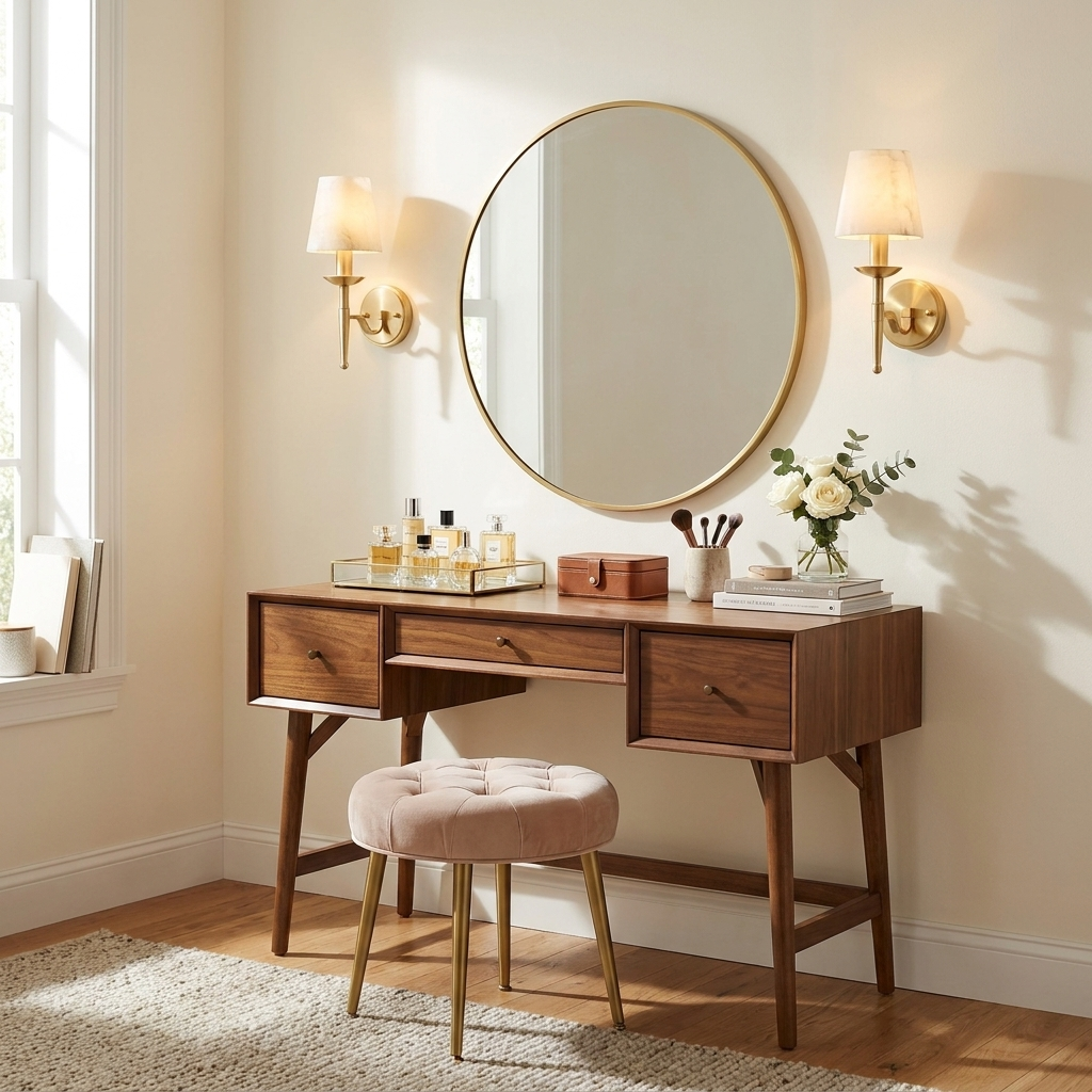 A pair of brass Clérachic sconces flank an oval mirror above a walnut vanity desk with a pink stool.