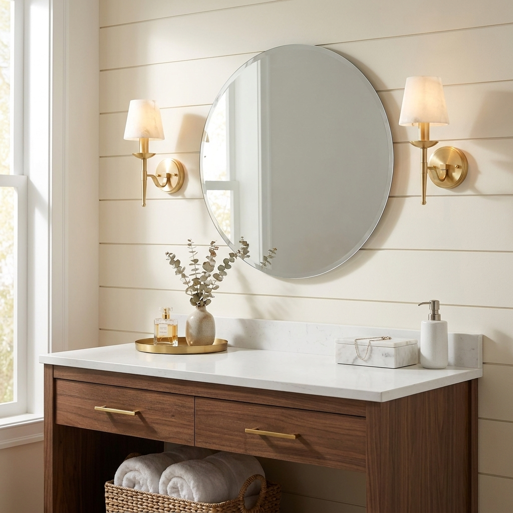 Against a shiplap wall, a brass pair of these Clérachic sconces lights a round mirror above a vanity.