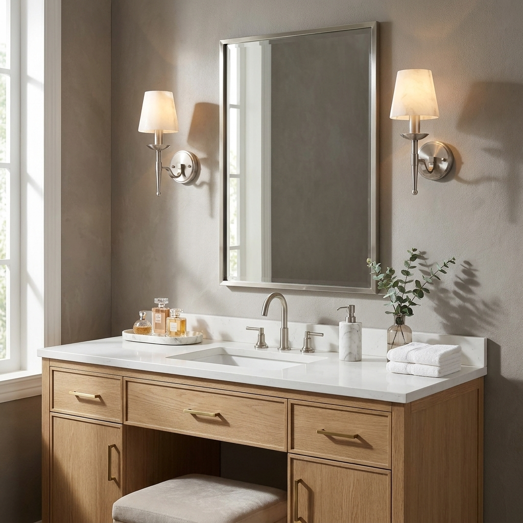 In brushed nickel, a pair of these Clérachic sconces flanks a rectangular mirror above a light oak vanity.