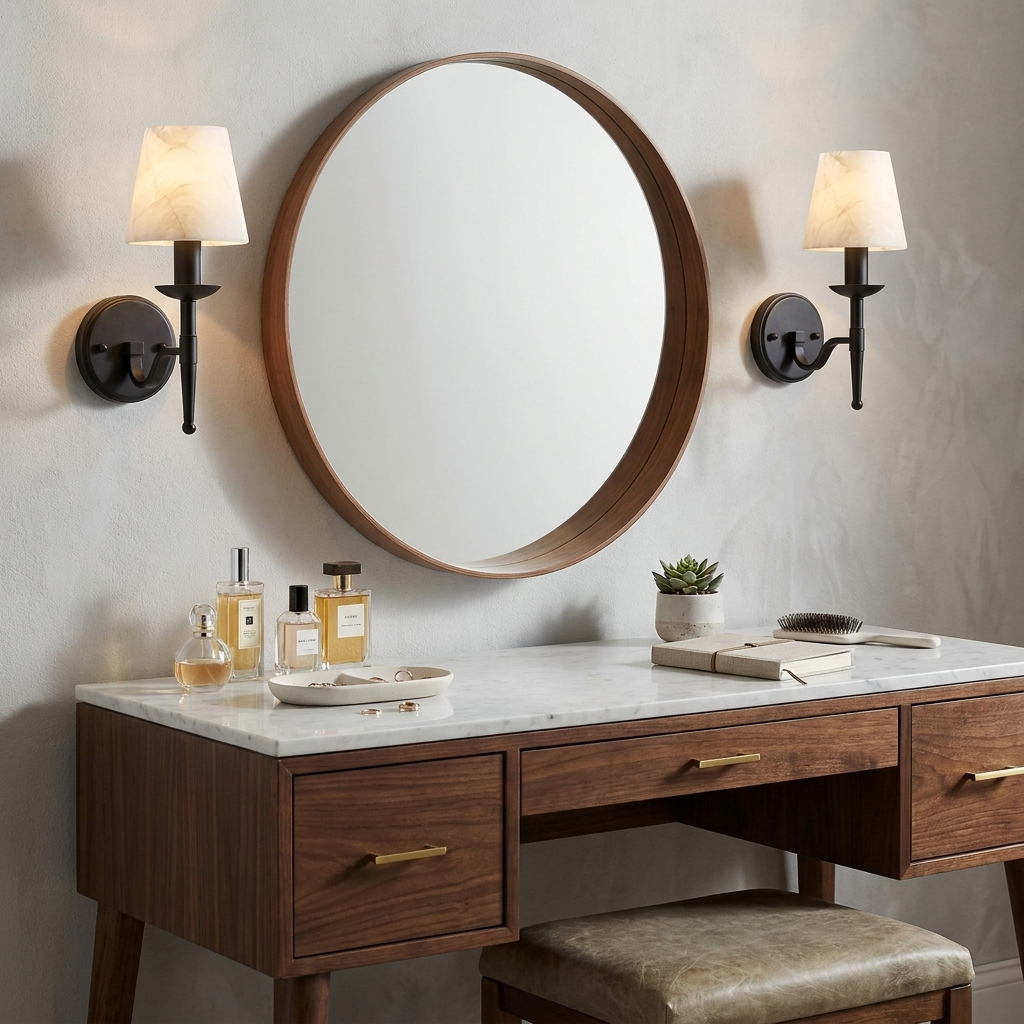 Beside a round wood-framed mirror, a black pair of these Clérachic sconces lights a walnut vanity and stool.