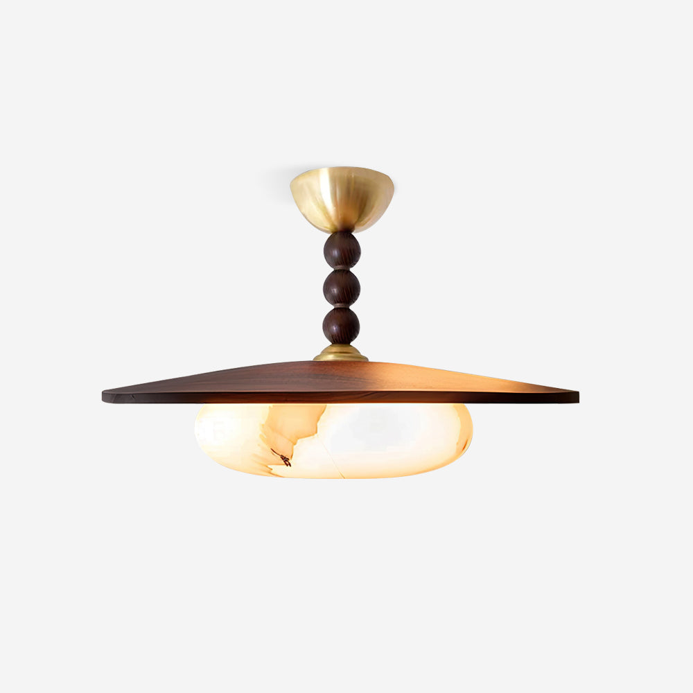 Muto Walnut Wood Ceiling Light With Faux-Alabaster Diffuser, Brass Accents