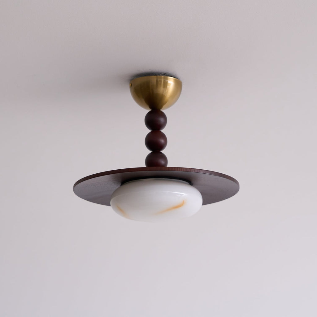 Muto Walnut Wood Ceiling Light With Faux-Alabaster Diffuser, Brass Accents