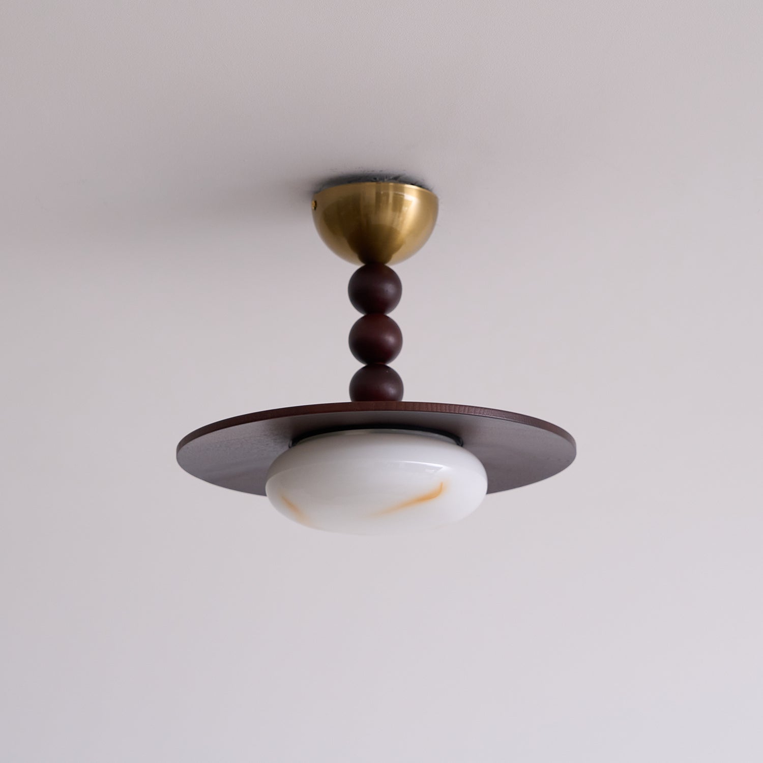 Muto Walnut Wood Ceiling Light With Faux-Alabaster Diffuser, Brass Accents