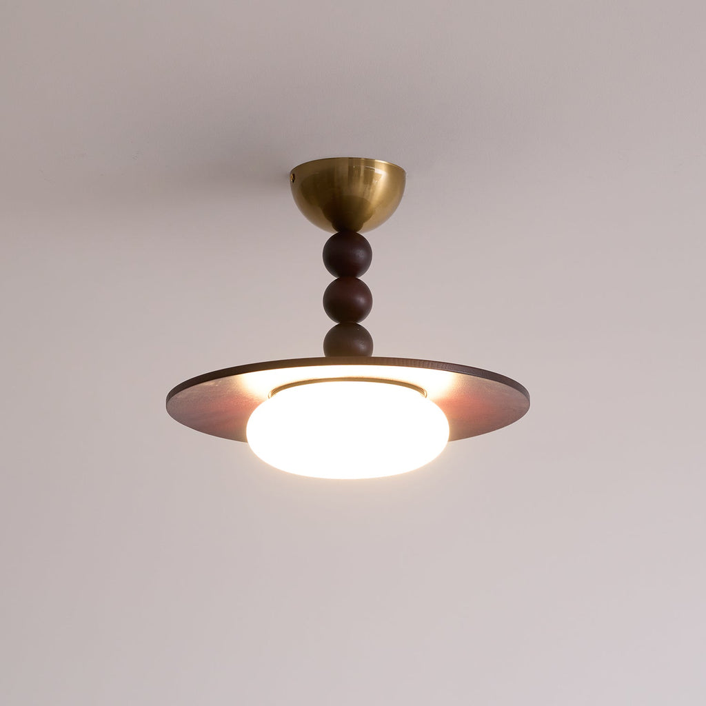 Muto Walnut Wood Ceiling Light With Faux-Alabaster Diffuser, Brass Accents
