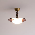 Muto Walnut Wood Ceiling Light With Faux-Alabaster Diffuser, Brass Accents