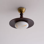Muto Walnut Wood Ceiling Light With Faux-Alabaster Diffuser, Brass Accents