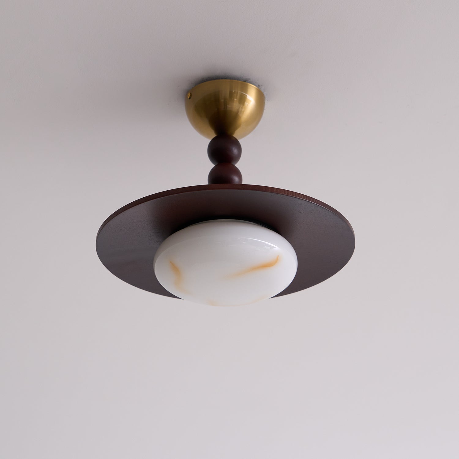 Muto Walnut Wood Ceiling Light With Faux-Alabaster Diffuser, Brass Accents
