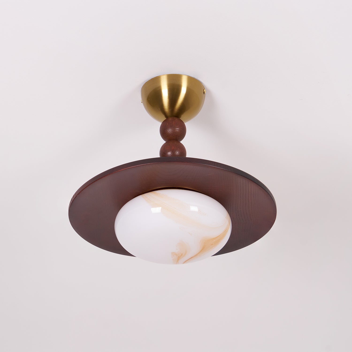 Muto Walnut Wood Ceiling Light With Faux-Alabaster Diffuser, Brass Accents