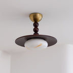Muto Walnut Wood Ceiling Light With Faux-Alabaster Diffuser, Brass Accents