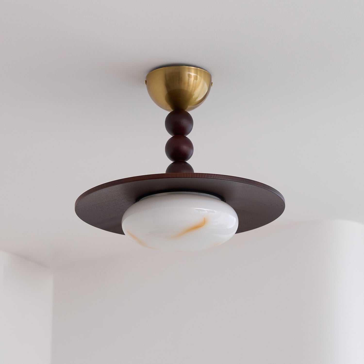 Muto Walnut Wood Ceiling Light With Faux-Alabaster Diffuser, Brass Accents