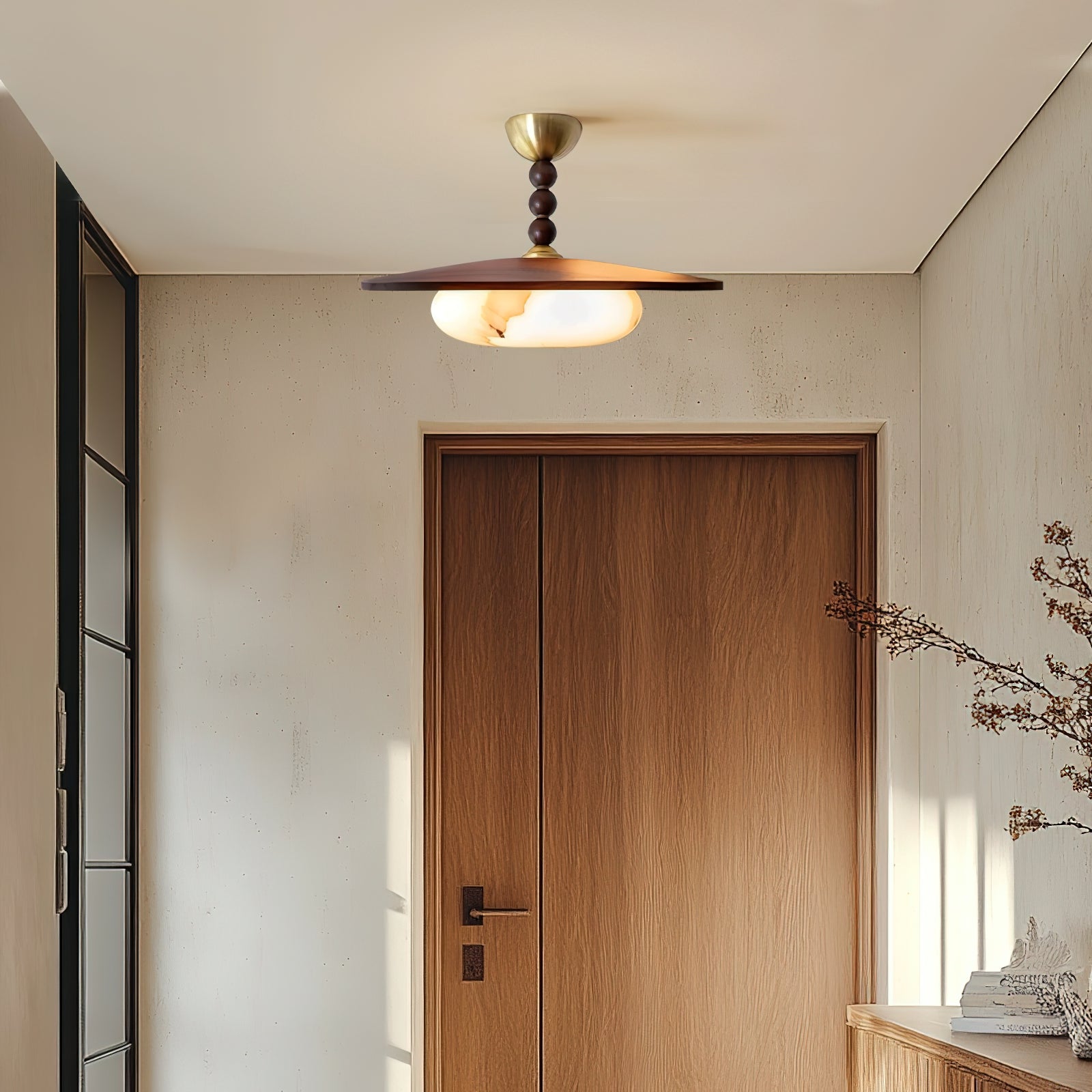 Muto Walnut Wood Ceiling Light With Faux-Alabaster Diffuser, Brass Accents