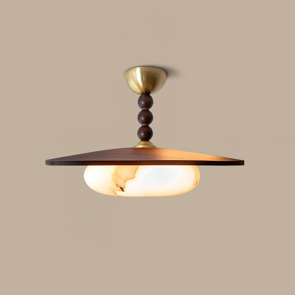 Muto Walnut Wood Ceiling Light With Faux-Alabaster Diffuser, Brass Accents