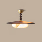 Muto Walnut Wood Ceiling Light With Faux-Alabaster Diffuser, Brass Accents