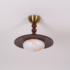 Muto Walnut Wood Ceiling Light With Faux-Alabaster Diffuser, Brass Accents