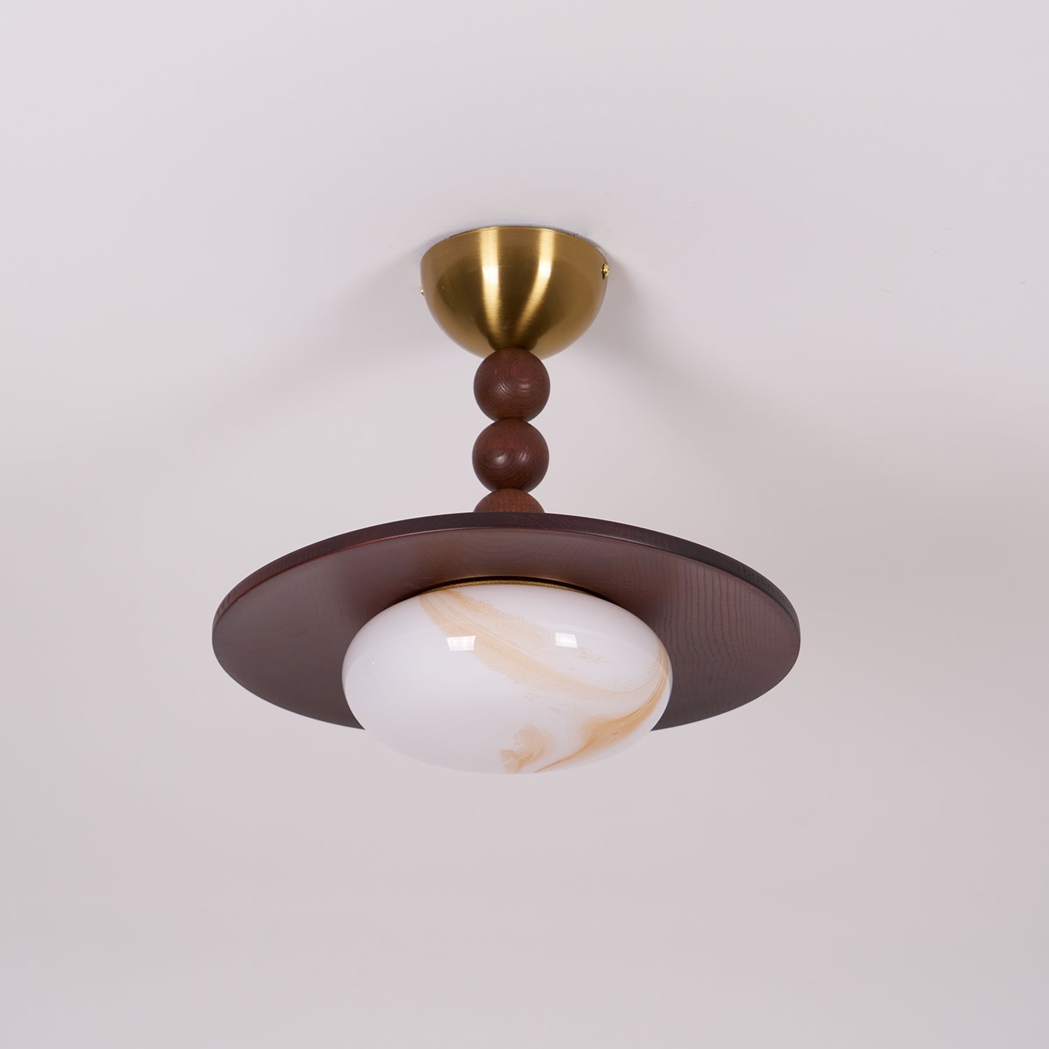 Muto Walnut Wood Ceiling Light With Faux-Alabaster Diffuser, Brass Accents