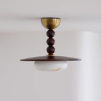 Muto Walnut Wood Ceiling Light With Faux-Alabaster Diffuser, Brass Accents