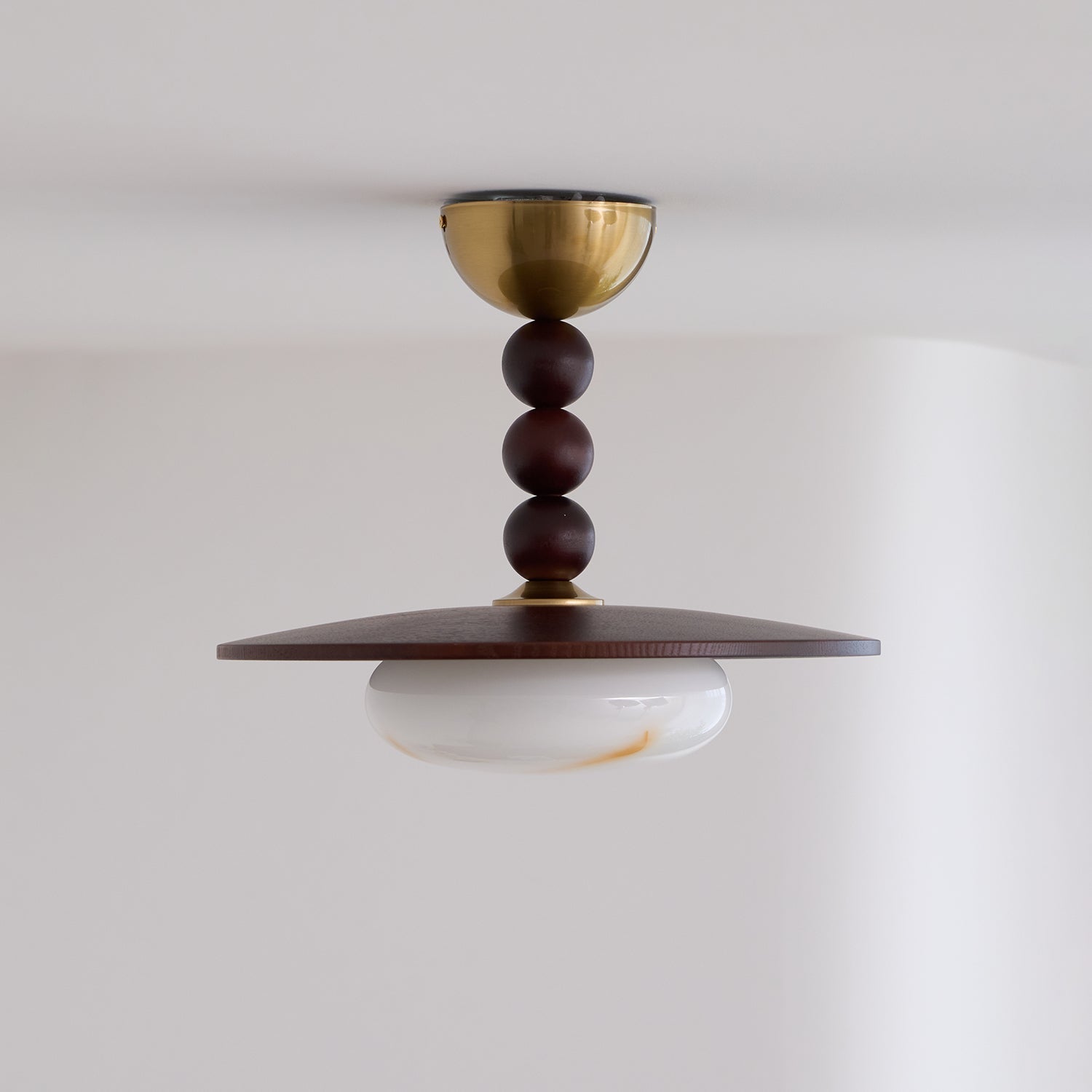 Muto Walnut Wood Ceiling Light With Faux-Alabaster Diffuser, Brass Accents