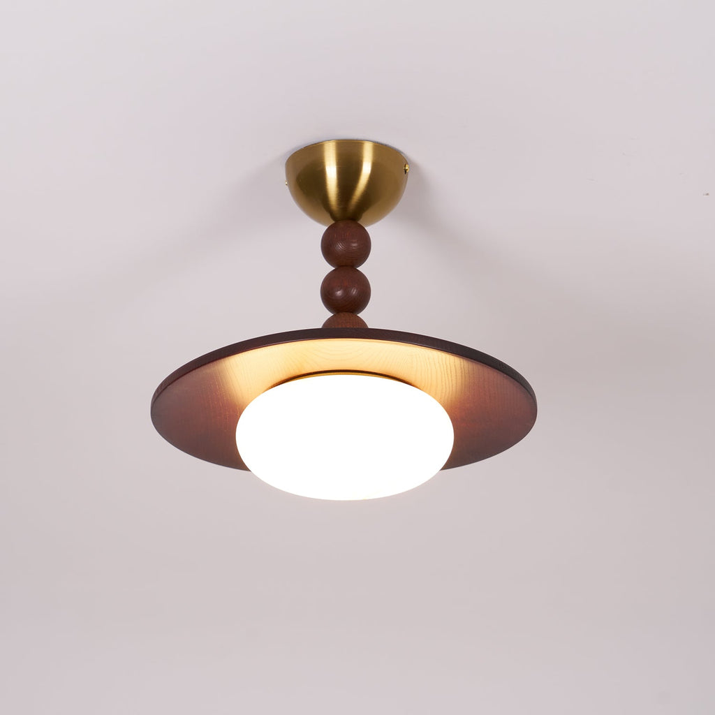 Muto Walnut Wood Ceiling Light With Faux-Alabaster Diffuser, Brass Accents
