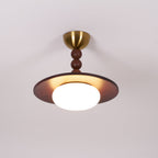 Muto Walnut Wood Ceiling Light With Faux-Alabaster Diffuser, Brass Accents
