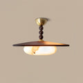 Muto Walnut Wood Ceiling Light With Faux-Alabaster Diffuser, Brass Accents