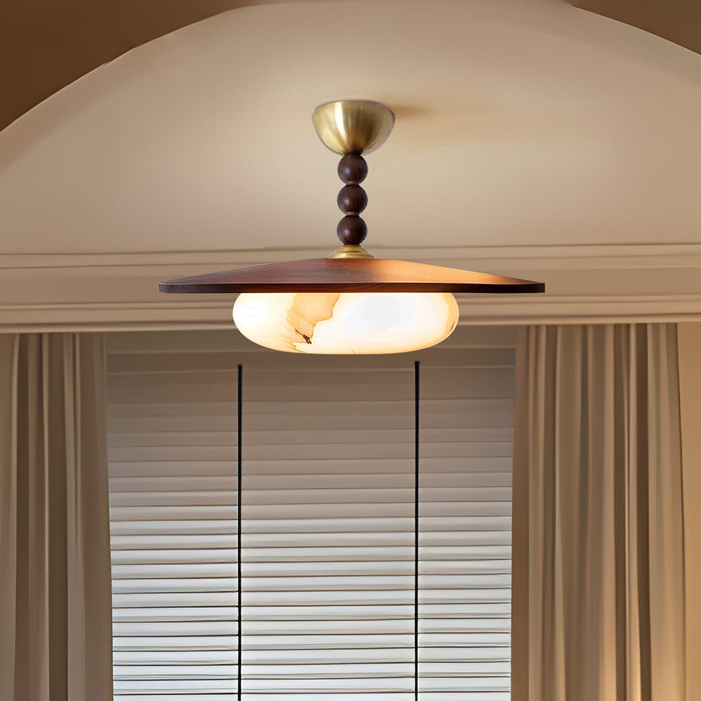 Muto Walnut Wood Ceiling Light With Faux-Alabaster Diffuser, Brass Accents
