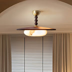 Muto Walnut Wood Ceiling Light With Faux-Alabaster Diffuser, Brass Accents