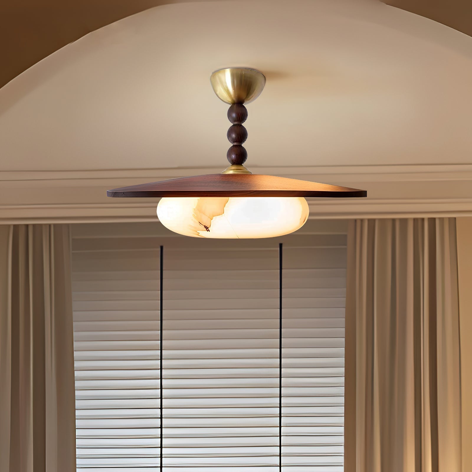 Muto Walnut Wood Ceiling Light With Faux-Alabaster Diffuser, Brass Accents