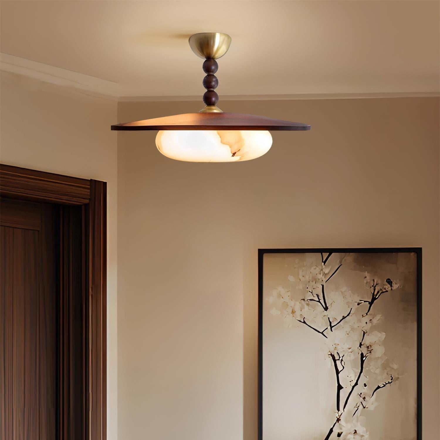 Muto Walnut Wood Ceiling Light With Faux-Alabaster Diffuser, Brass Accents