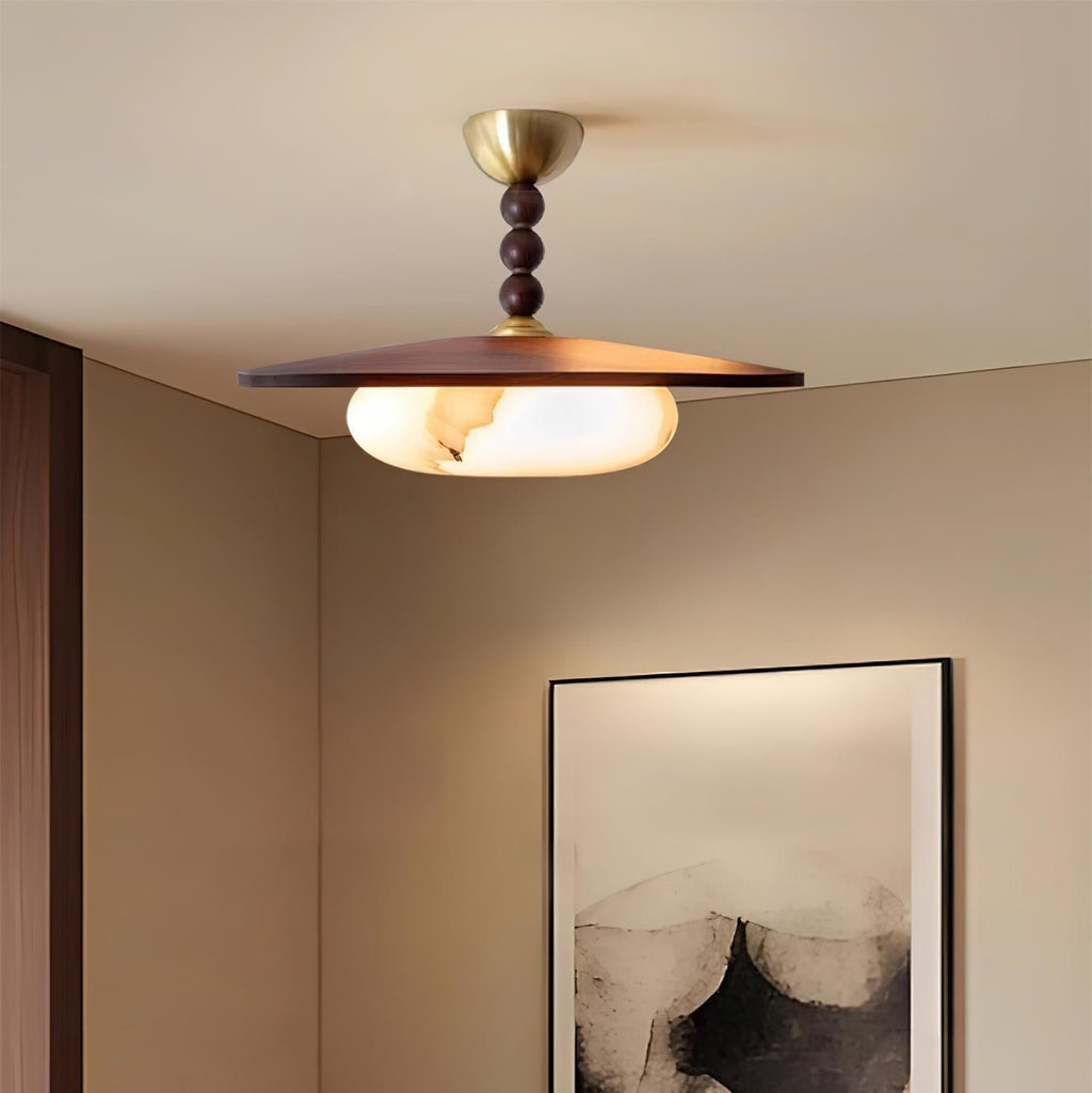 Muto Walnut Wood Ceiling Light With Faux-Alabaster Diffuser, Brass Accents