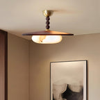 Muto Walnut Wood Ceiling Light With Faux-Alabaster Diffuser, Brass Accents