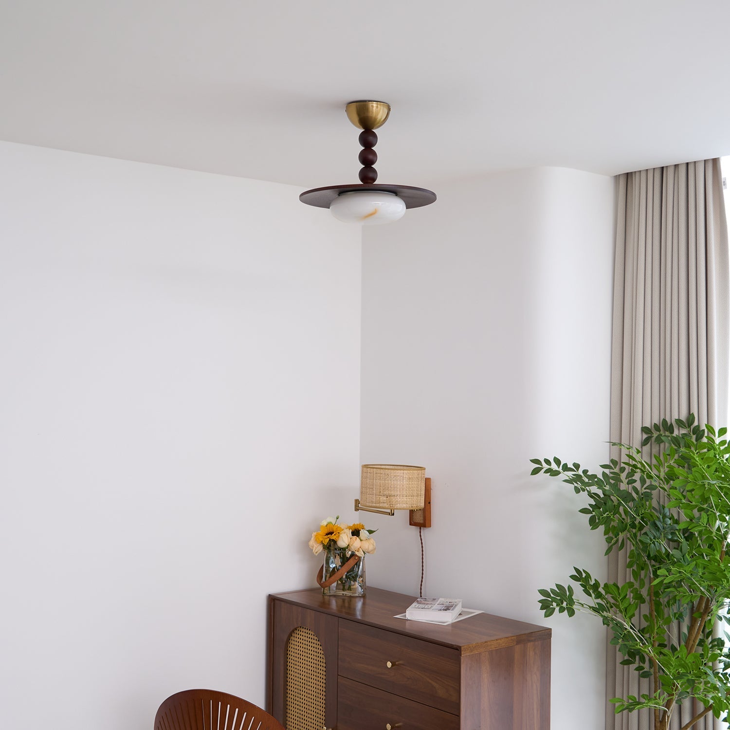 Muto Walnut Wood Ceiling Light With Faux-Alabaster Diffuser, Brass Accents