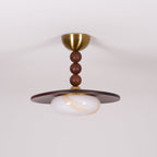 Muto Walnut Wood Ceiling Light With Faux-Alabaster Diffuser, Brass Accents