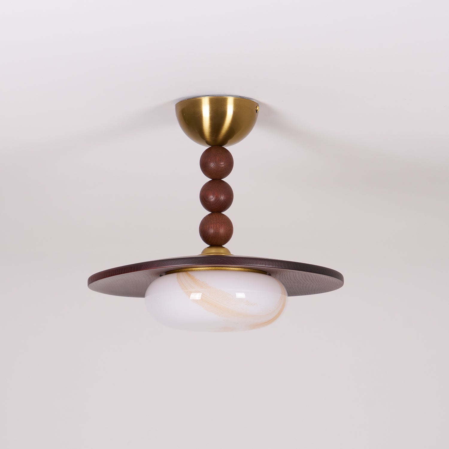 Muto Walnut Wood Ceiling Light With Faux-Alabaster Diffuser, Brass Accents