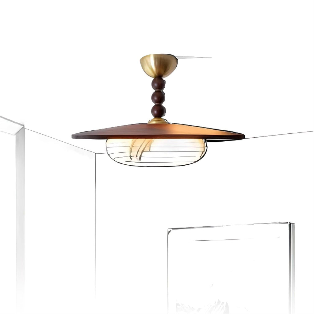 Muto Walnut Wood Ceiling Light With Faux-Alabaster Diffuser, Brass Accents
