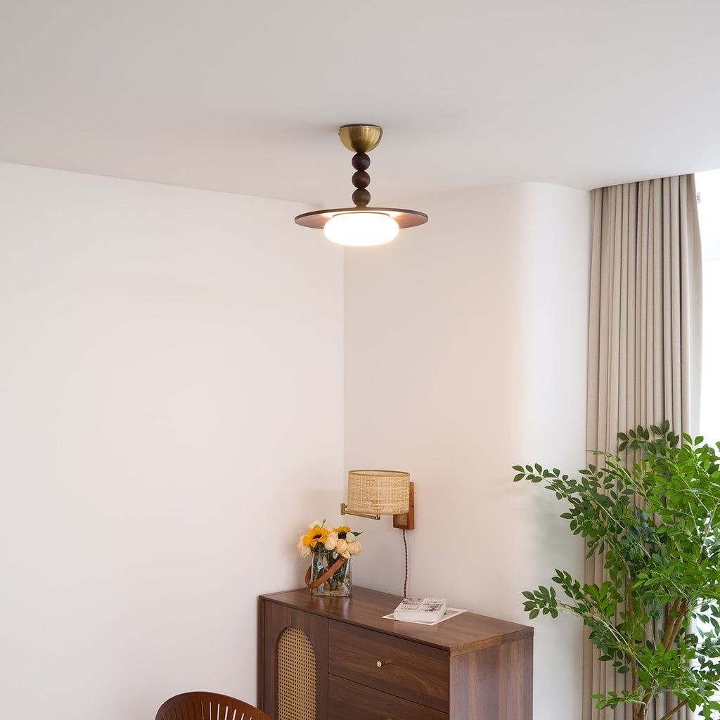 Muto Walnut Wood Ceiling Light With Faux-Alabaster Diffuser, Brass Accents