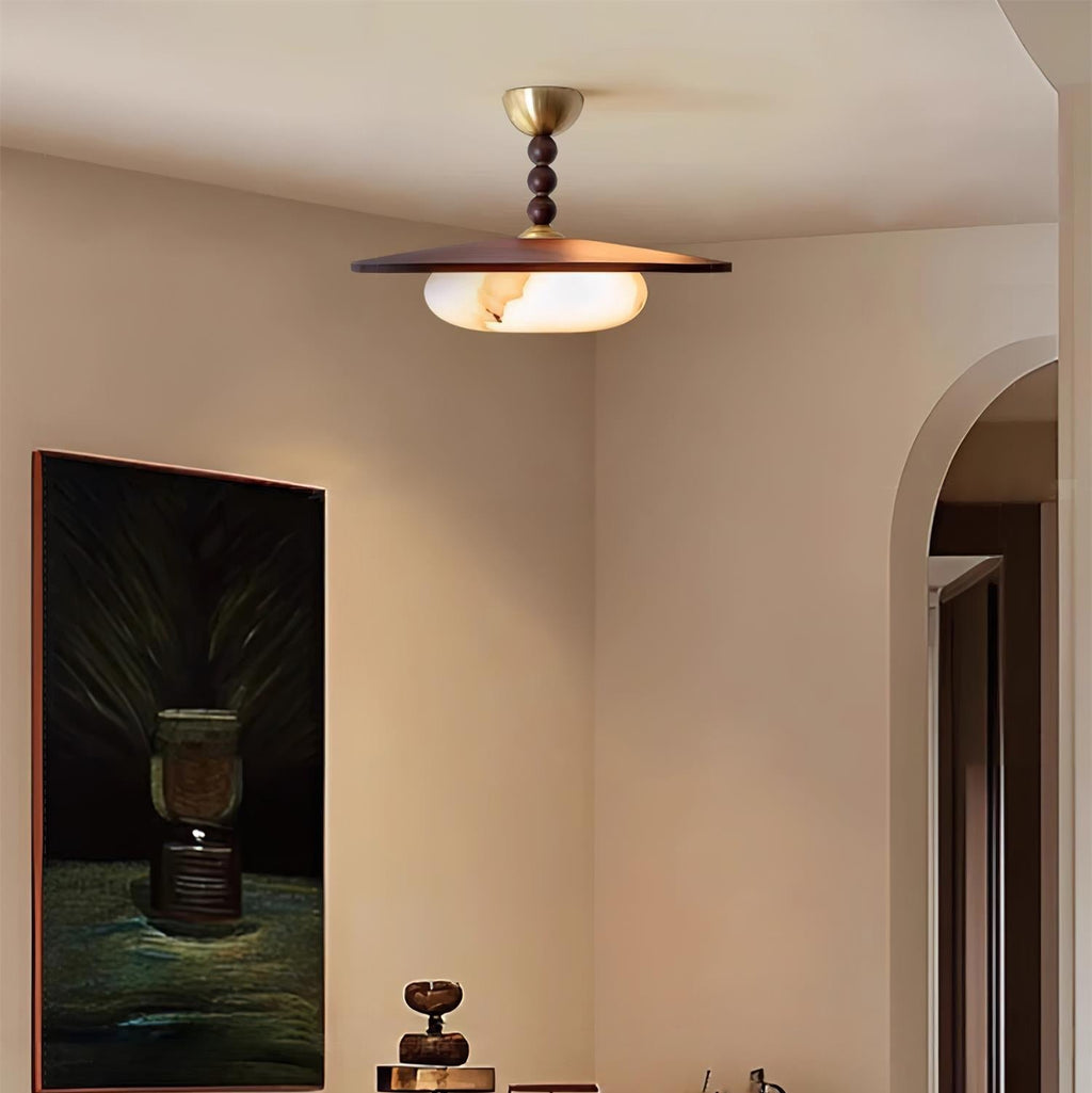 Muto Walnut Wood Ceiling Light With Faux-Alabaster Diffuser, Brass Accents